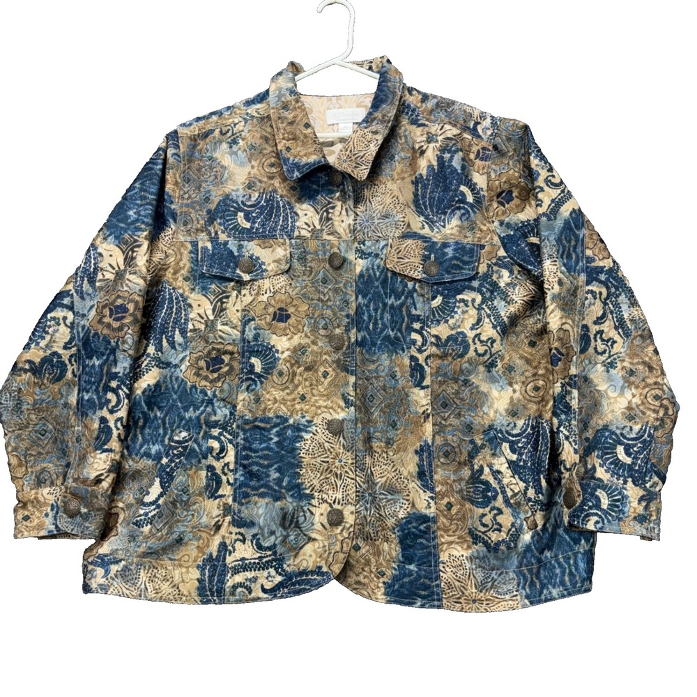 CJ Banks Jacket Womens 2X Textured Patchwork Floral Button Front Velvet Blue Tan